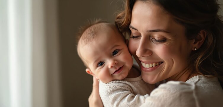 Smiling mother embraces baby with affection. Close-up indoor portrait shows genuine emotion. Parent, child share tender moment. Motherhood love, bond displayed. Warm, happy connection, new life joy.