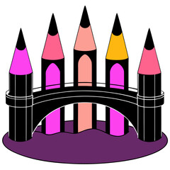 A colorful pencil castle with a bridge, perfect for a creative project or a childrens illustration