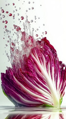 Crisp red chicory with energetic water splash. Fresh natural produce, vibrant and healthy.