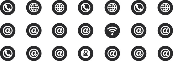 Black circular icons set, communication symbols, telephone, globe, at sign, wifi, ribbon, minimalist vector design, digital interface, modern technology, pattern grid