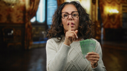 Woman holding malaysian ringgit indoors near hotel reception making a shushing gesture, suggesting secrecy or privacy in a financial transaction.