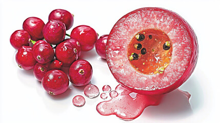 Cross-section of a vibrant cranberry revealing intricate inner details. Fresh cranberries and juice droplets on a white background.
