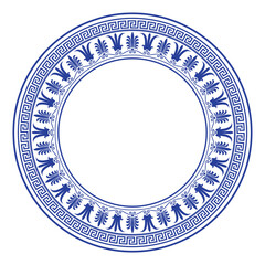 Blue round plate with floral design. Round floral european pattern frame arabesque. Greek key meander. Vintage frame with greek pattern. Pattern frame for textile, embroidery, ceramic, porcelain