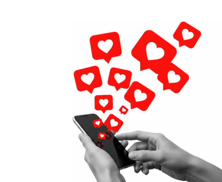 Hands holding smartphone with red social media heart icons