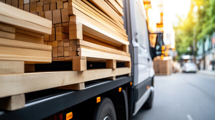 truck delivers goods to open market of household goods, unloading of building materials, OSB sheets