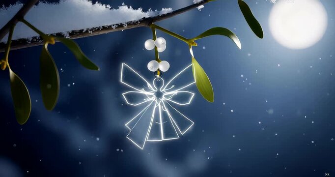 Glowing angel ornament hanging from mistletoe under a snowy moonlit sky