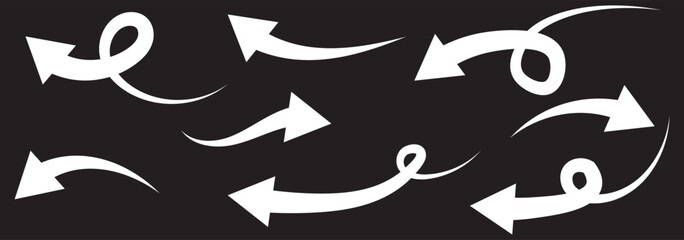 Hand drawn Set of  curve arrow icon vector. Variety Curve arrow symbol. Design element vector illustration. Collection of hand drawn black arrows pointing in various directions and curving.