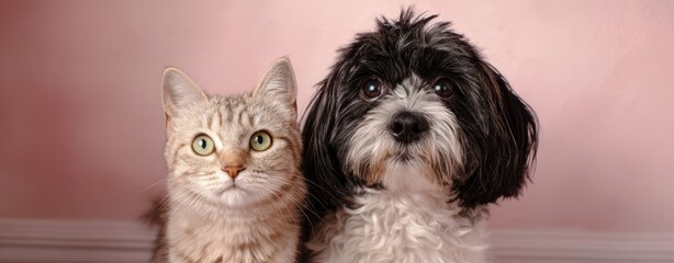 The adorable cat and dog sharing a moment of friendship against a pink background.