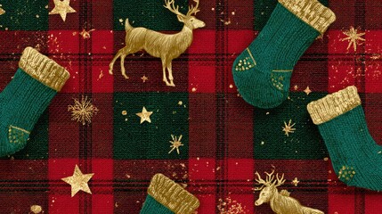 Red and green plaid Christmas texture with sparkly gold stars, reindeer silhouettes, and woolen stockings symbolizing winter warmth.