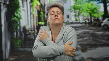 Short haired woman coach wearing a whistle clutches chest and presses hand to forehead on a city street; physical exhaustion.