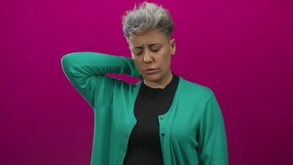 Woman with short hair in green cardigan holds hand on neck for neckache in pink studio; discomfort.