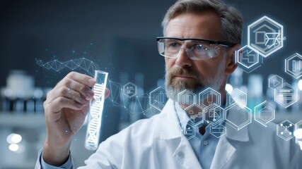 Scientist examines glowing DNA test tube with digital interface in laboratory setting showcasing innovation - Powered by Adobe