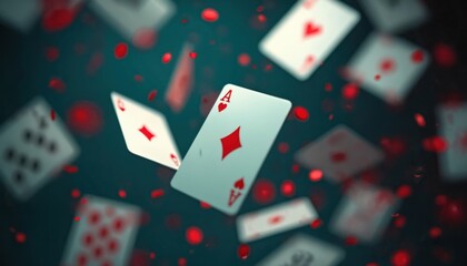 Playing cards fall, scatter in air. Ace of hearts, ace of diamonds visible among blurred cards. Red confetti small elements float on dark background. Vibrant scene suggests risk, game, poker, casino,
