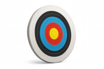 Archery target standing, colorful rings visualizing goal achievement, accuracy, precision, and business objective success concept