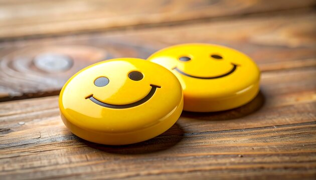 Two cheerful yellow smiley face objects on wood