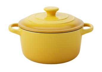 Yellow ceramic cooking pot with lid isolated on a clean backdrop, kitchenware for food preparation and serving