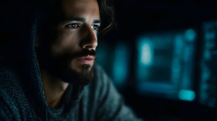 A man in a hooded sweatshirt intently studies glowing digital data on multiple computer screens in a dark futuristic setting