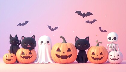 Naklejka premium Halloween Cute Cartoon Pumpkins, Cats, Ghost, Skeleton, Bats
