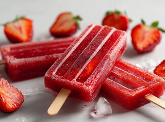 Close up of strawberry popsicles with fresh strawberries and ice crystals on a white surface