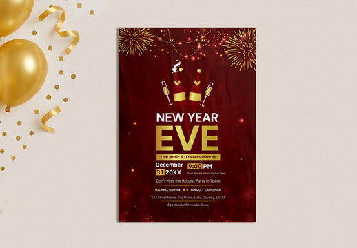 Modern New Year Eve Party Flyer Template with Golden Fireworks