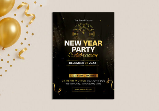 Luxury New Year Party Celebration Invitation Flyer Template with Golden Accents