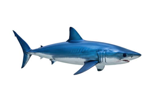 Blue shark isolated on transparent background PNG, predatory marine animal with streamlined body and powerful tail for ocean life concepts