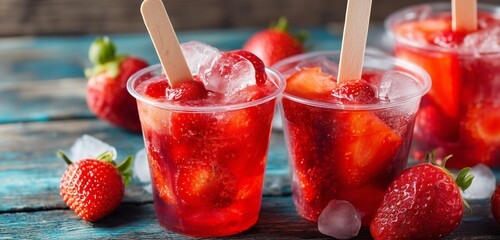 Close up of strawberry drinks with ice cubes and wooden sticks on a blue wooden surface table top