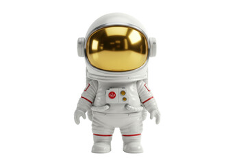 Astronaut toy figure isolated on transparent background, spaceman in white suit with golden helmet PNG