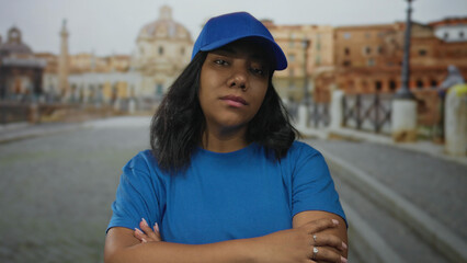 Woman in blue cap crosses arms in quiet historic stone square, head tilted forward by stone...