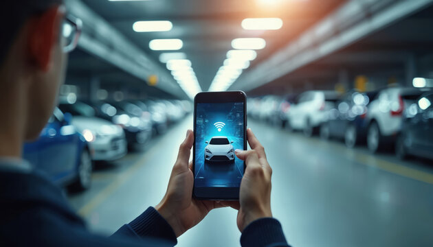 Man uses smartphone to control car remotely in parking garage. Person holds phone with mini car holographic display. AI generated image of modern connectivity and futuristic vehicle technology. - Powered by Adobe