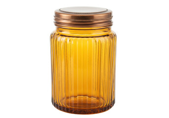 Amber glass jar with copper lid isolated, vintage style container for storage and decoration, no background