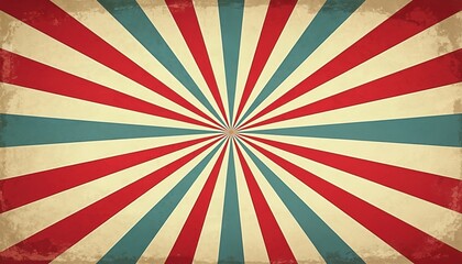 Fototapeta premium Retro sunburst style graphic design illustration with radial lines. Red white, blue rays emit from center. Vintage grunge backdrop for festive decoration. Fun carnival circus themed radial pattern.