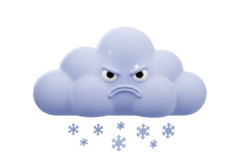 Grumpy cartoon cloud with snowflakes PNG isolated on transparent background, weather forecast element for graphic design