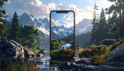 Displaying a smartphone with a mountainous landscape on its screen, it sits amidst natural surroundings of forest and water, showcasing the integration of technology and nature in a serene...