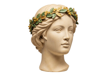 Female bust sculpture with laurel wreath isolated on transparent background, classical art statue for design and decoration