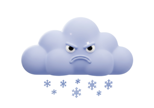 Grumpy cartoon cloud with snowflakes PNG isolated on transparent background, weather forecast element for graphic design
