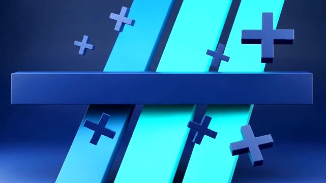 Abstract blue and teal geometric shapes with plus signs on a gradient background
