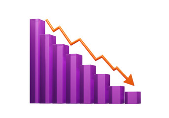 Purple bar graph with orange arrow isolated, showing a downward trend in business or finance on a transparent background
