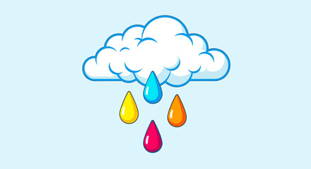 Colorful Rain Drops Falling From A Cartoon Cloud.
