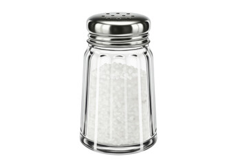 Glass salt shaker with metal lid isolated, filled with white salt PNG, kitchenware for cooking and seasoning
