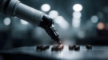 Obraz premium A robotic arm precisely manipulates small components in a modern industrial setting