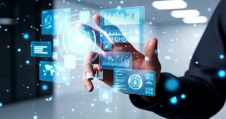 Futuristic hand interacting with digital interface in a modern office setting - Powered by Adobe