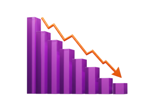 Purple bar graph with orange arrow isolated, showing a downward trend in business or finance on a transparent background