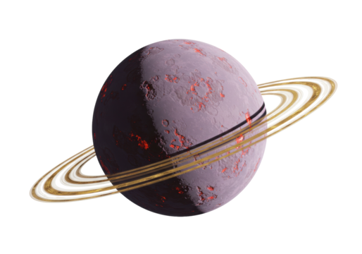 Ringed planet with lava surface isolated on transparent PNG, fantasy celestial body with golden rings for space exploration concepts