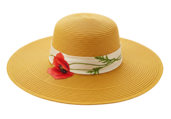 Elegant yellow straw sun hat with red poppy flower isolated, summer fashion accessory for sun protection and stylish outfit