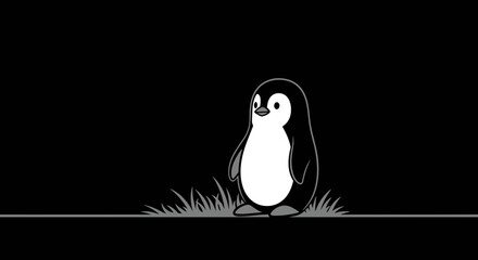 Cute penguin standing on grass black background minimalist design.