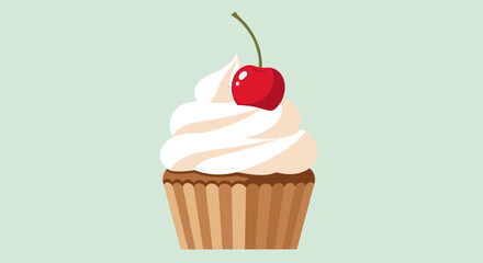 Delicious Cupcake with Cherry Topping on Light Green Background.
