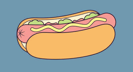 Delicious Hot Dog with Mustard and Relish Illustration.