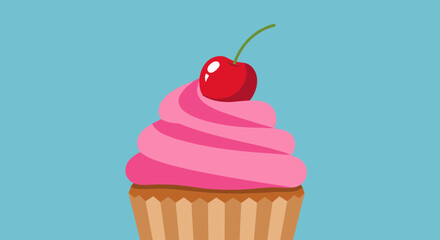 Delicious Pink Cupcake with Cherry Topping Illustration.