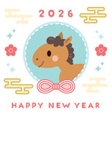 かわいい午年の年賀状　馬　2026　縦　水色　イラスト